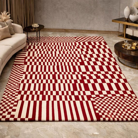Hand Tufted Geometric Area Rug, Modern Deep Burnt Orange & Ivory Wool Rug