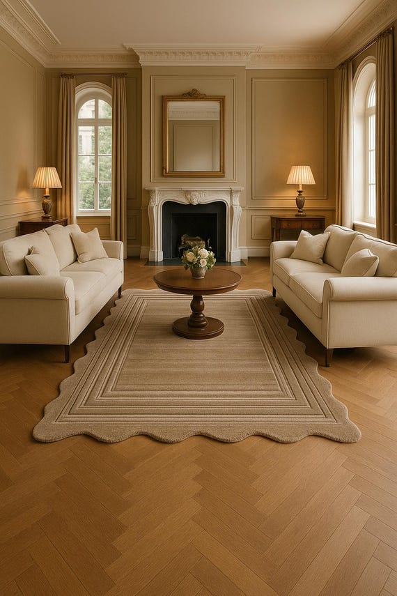 Beige Scalloped Edge Rug | Hand Tufted Natural Wool Carpet | Textured Border Living Room Rug