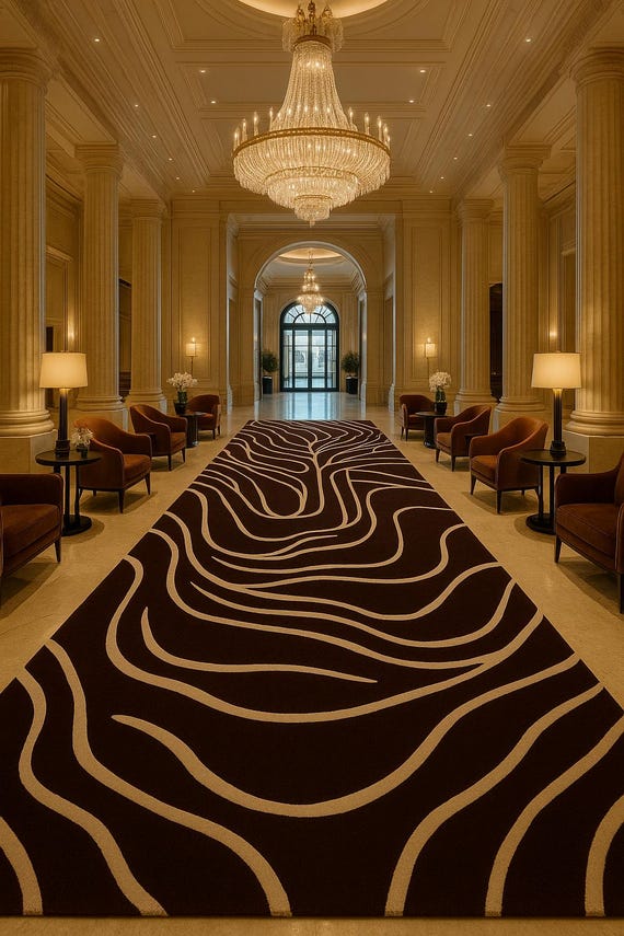 Aesthetic hand tufted wool rug with dark background and light lines resembles natural pattern for home decor, office, kids room and more.