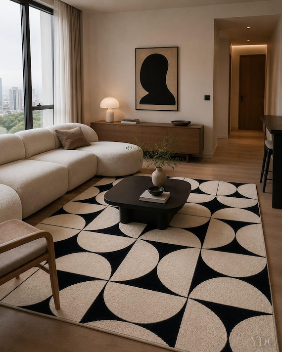 Hand Tufted Geometric Rug, Black & Light Beige Bauhaus Area Rug