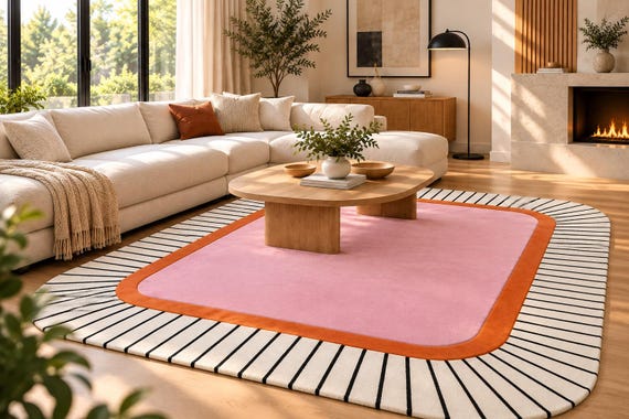 Hand Tufted Rug – Pink & Orange Modern Geometric Cream Area Rug