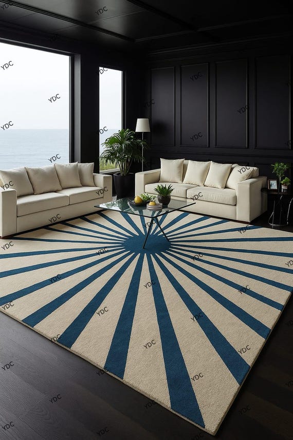 Hand-Tufted Wool Rug: Blue & Ivory Sunburst Design, New Zealand Wool