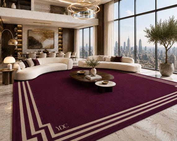 Wool Plum Purple Border Area Rug, Modern Minimalist Luxury Handmade Carpet