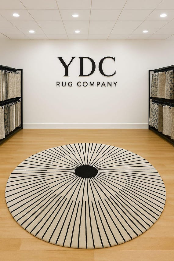 Hand-Tufted Wool Sunburst Rug: Black and White Round Area Rug