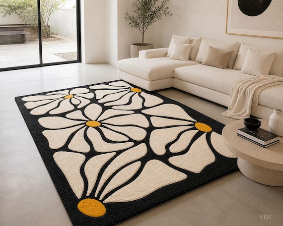 Hand Tufted Floral Rug, Black & Light Beige Modern Area Rug Carpet