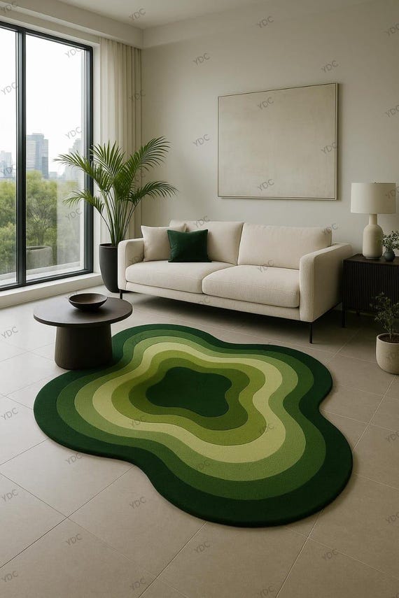 Green Wavy Abstract Rug | Hand Tufted Wool Modern Area Carpet for Living Room & Bedroom