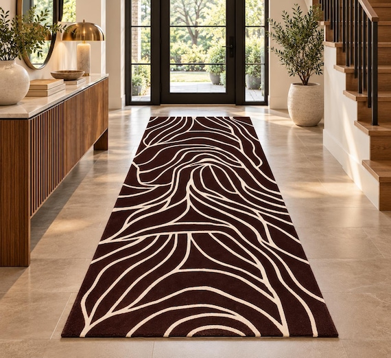 Hand Tufted , Dark Brown Cream Abstract Organic Line Area Rug