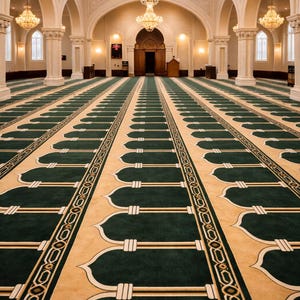 May include: A large prayer hall featuring a green and beige carpet with repeating arch patterns. The interior includes white columns, arched doorways, and multiple crystal chandeliers hanging from the ceiling. The space is symmetrical and bright.
