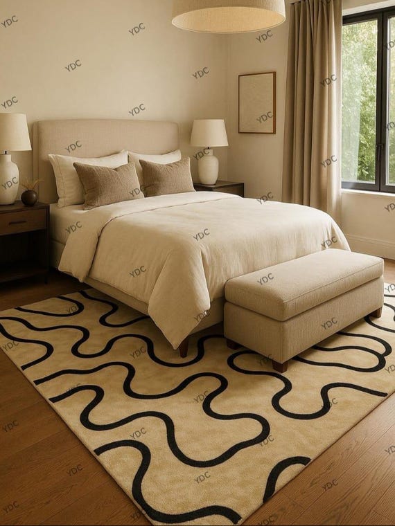 Beige Black Wavy Line Rug for Bedroom | Modern Hand Tufted Wool Area Rug