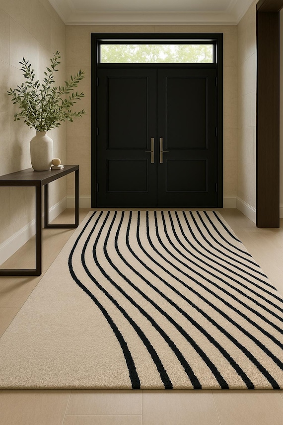 Hand-Tufted New Zealand Wool Rug: Black Wavy Stripe, Modern Rug