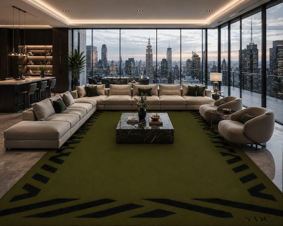 Hand Tufted Olive Green Rug, Black Geometric Wool Area Rug, Custom Carpet
