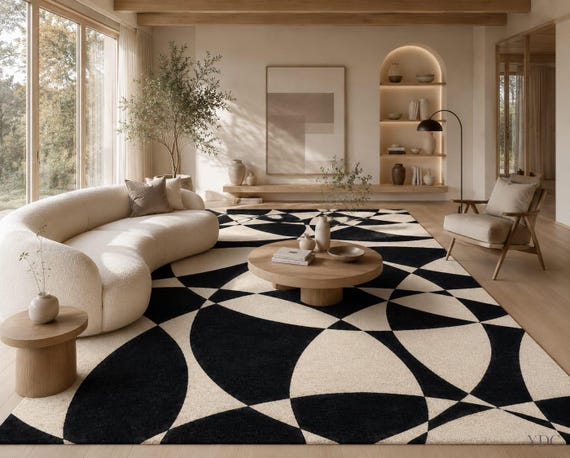 Hand Tufted Black Cream Geometric Wool Rug, Modern Abstract Area Carpet