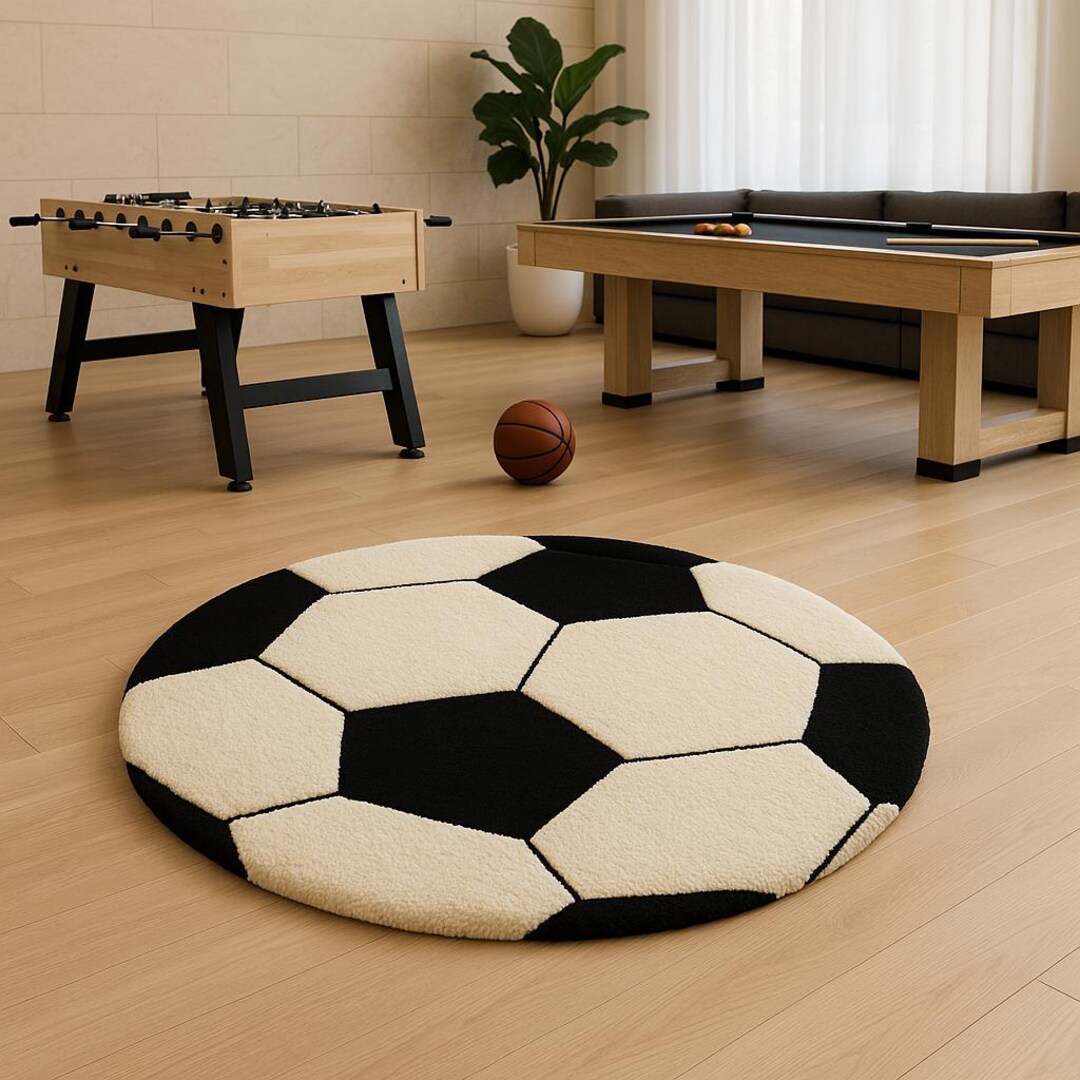 Hand Tufted Wool Soccer Ball Rug, Black White Geometric Kids Room Rug ...