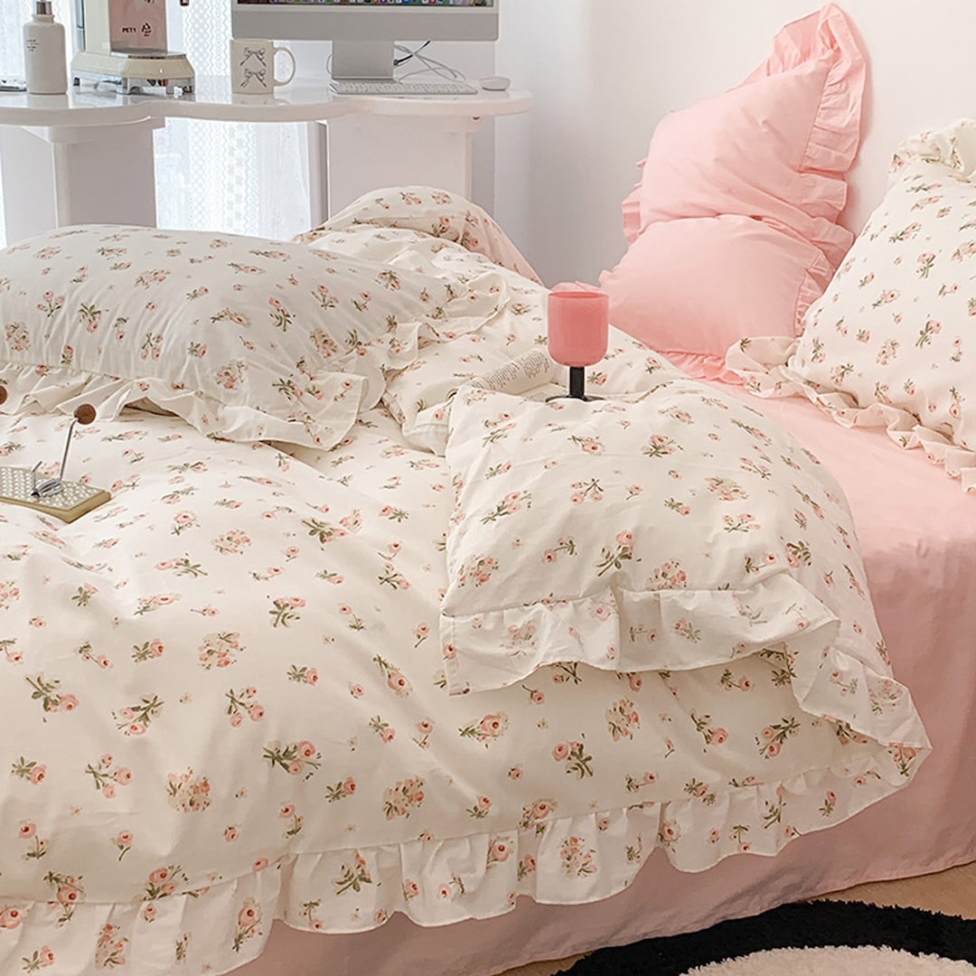 Girlish Pink Floral Duvet Cover Set Princess Ruffled Dorm - Etsy