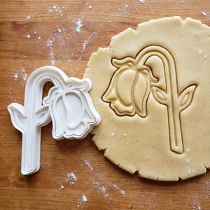 May include: A white plastic flower-shaped cookie cutter next to a piece of dough with the flower shape pressed into it. The cutter has a stem and leaves. The dough is light brown, and the background is a wooden surface.