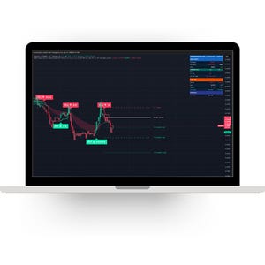 May include: A laptop screen displaying a dark-themed financial trading chart with candlestick patterns, red sell signals, and green buy signals. The interface includes a sidebar with data metrics, price levels, and technical indicators on a grid.