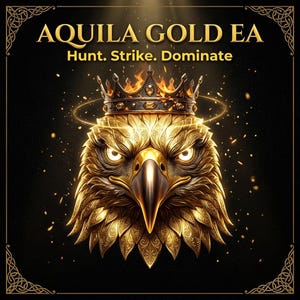 May include: A graphic illustration of a golden eagle head wearing a crown with flames, set against a black background. The text reads AQUILA GOLD EA and Hunt. Strike. Dominate. The design is framed by a decorative border with gold accents.