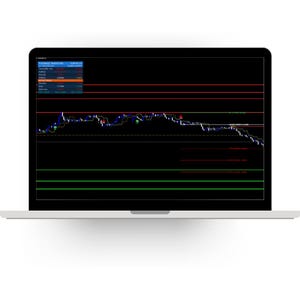 May include: A laptop screen displaying a financial trading chart on a black background. The interface shows the text "EUROUSD TRADER PRO" and "ACTIVE TRADE" with various horizontal red and green lines, blue trend indicators, and data points.