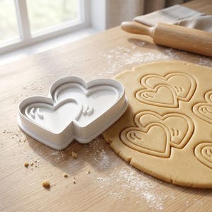 Pode incluir: Um cortador de biscoitos de plástico branco em forma de dois corações conectados, ao lado de uma folha de massa com impressões em forma de coração. Um rolo de madeira e uma janela estão ao fundo. Materiais de panificação.