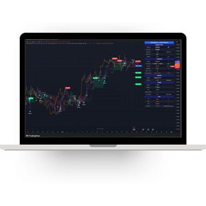 Op de afbeelding: Een laptopscherm met een financiële handelsgrafiek in een donker thema, voorzien van gekleurde lijngrafieken, datapunten en een zijpaneel met de labels Market Data, Signals en Trade met numerieke waarden op een zwarte achtergrond.