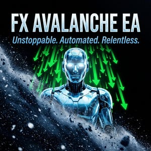 May include: A metallic humanoid robot with glowing eyes stands against a black background. Above the robot, the text reads FX AVALANCHE EA and Unstoppable. Automated. Relentless. Numerous green arrows point downward behind the robot figure.