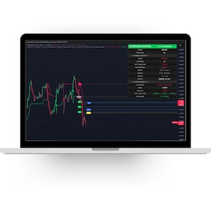 Può includere: Uno schermo di un portatile che mostra un grafico di trading finanziario su sfondo scuro. Il grafico presenta linee rosse e verdi, livelli di prezzo orizzontali contrassegnati da etichette blu, verdi e gialle, e un pannello dati Supertrend Sentinel.