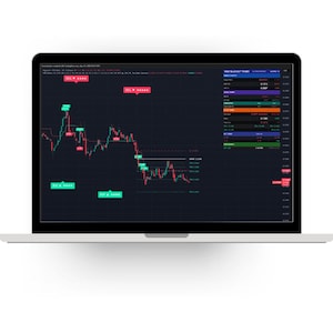 May include: A laptop screen displaying a financial trading chart with a dark background. The interface features red and green candlestick patterns, various technical indicators, and data panels labelled Wolf Blackout Trader with numerical values.