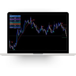 Peut inclure: Un écran d'ordinateur portable affichant un graphique de trading financier sur fond noir. Le graphique présente des courbes bleues, vertes et rouges, des chandeliers et de petites flèches directionnelles. Un panneau de données affiche des indicateurs.