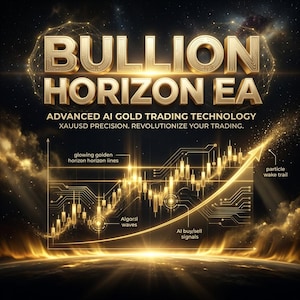 May include: A digital graphic titled BULLION HORIZON EA, ADVANCED AI GOLD TRADING TECHNOLOGY, XAUUSD PRECISION. REVOLUTIONIZE YOUR TRADING. It features a golden candlestick chart with circuit board patterns, glowing horizon lines, and an upward arrow.