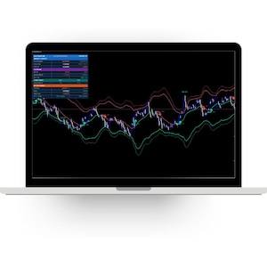 May include: A laptop screen displaying a financial trading chart on a black background. The interface features a data table in the top left corner, multiple colored trend lines, and small green and red arrows indicating market movements.