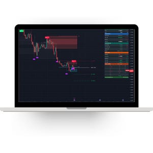 May include: A laptop screen displaying a financial trading chart with a dark background. The interface features red and green candlestick patterns, various horizontal trend lines, and a data panel on the right side with numerical values.