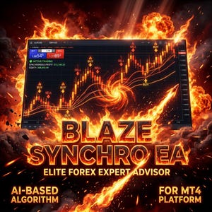 May include: A digital trading chart display featuring the text BLAZE SYNCHRO EA ELITE FOREX EXPERT ADVISOR AI-BASED ALGORITHM FOR MT4 PLATFORM, surrounded by intense orange and yellow flames, with buy and sell indicators on a dark background.