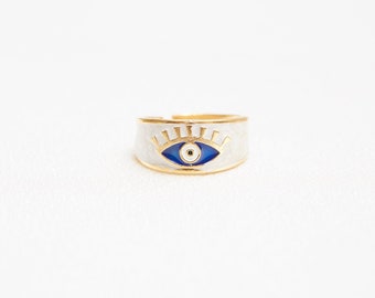 Oeil de la mer Égée, bague en plaqué or 24 carats et pierre précieuse en émail blanc, authentique représentant le mauvais œil