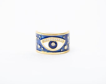 Oeil d'Istanbul, bague en plaqué or 24 carats et pierre précieuse bleue en émail, authentique avec la forme du mauvais œil