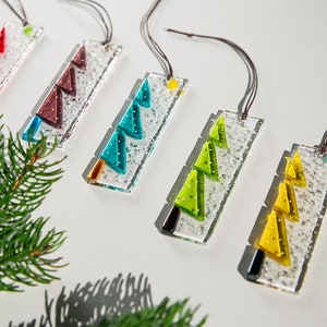 Fused glass Christmas ornament, Holiday decor, Tree and snow
