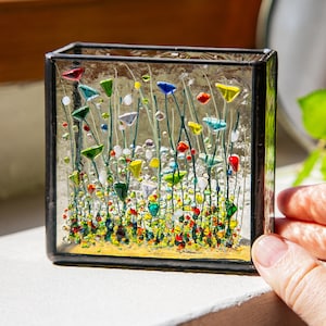 Fused Glass Art, Stained glass Vase suncatcher, Wildflower decor