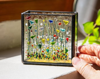 Fusing Glaskunst, Glasmalerei Vase Sonnenfänger, Wildblumendekor