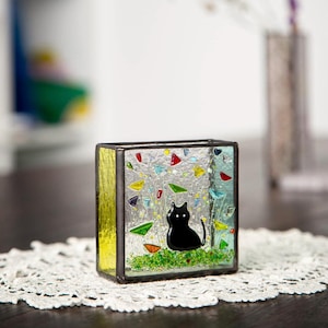 Black Cat Memorial Vase: Fused Glass Art Sun Catcher