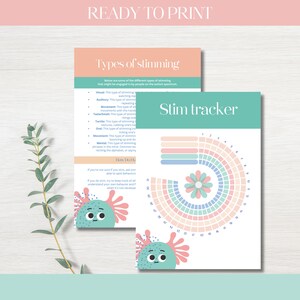 May include: A printable chart featuring a colourful flower design and a section labelled "Stim Tracker" with numbers 1 to 12. The chart is designed to help track stimming behaviours. The chart also includes a section labelled "Types of Stimming" with a list of different types of stimming.