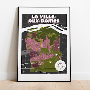Présentation de la carte de La Ville-aux-Dames au format 50 x 40 cm encadrée. Les couleurs dominantes sont vert kaki, violet et gris foncé. La légende permet de distinguer les zones bâties des zones non-bâties.