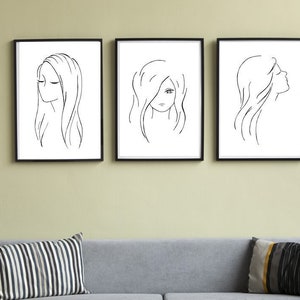 Line art, female faces, wall art, set of 3,