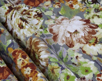 Green, Brown & Grey Floral Curtains, Multicolor Botanical Drapery, Linen Viscose Fabric with Natural Yarn Texture, Custom Window Curtains