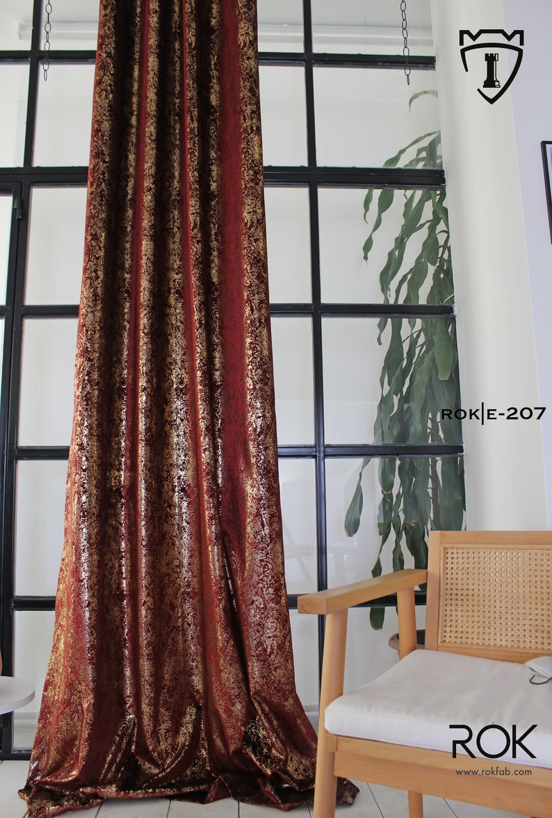 Red Velvet Curtainsgold Print Velvet Curtains Custom Window Etsy