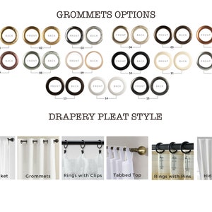 May include: Image showcasing various curtain grommet options in gold, silver, and bronze tones, along with different drapery pleat styles, including rod pocket, grommets, rings with clips, tabbed top, rings with pins, and hidden tabs.
