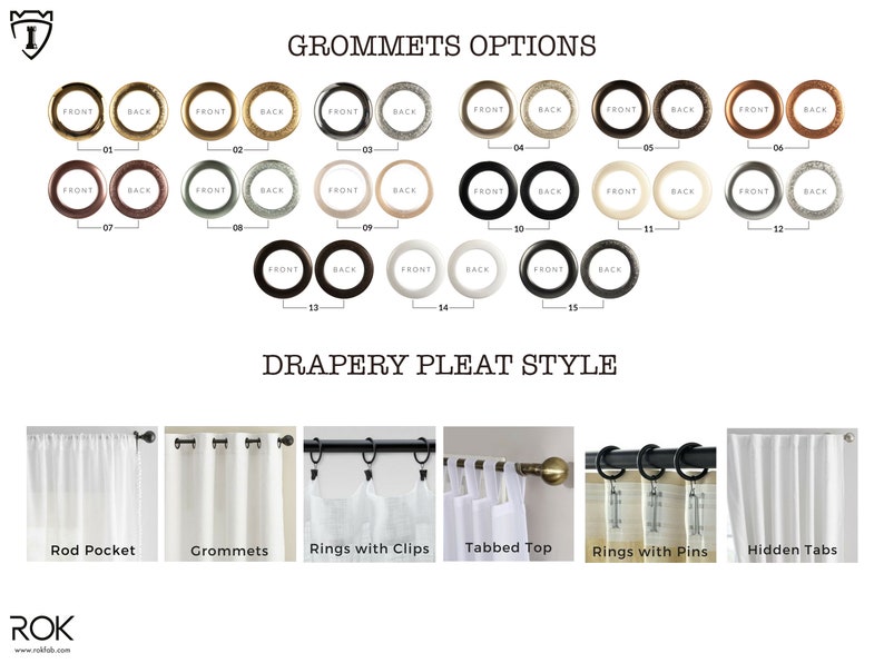May include: Image showcasing various curtain grommet options in gold, silver, and bronze tones, along with different drapery pleat styles, including rod pocket, grommets, rings with clips, tabbed top, rings with pins, and hidden tabs.
