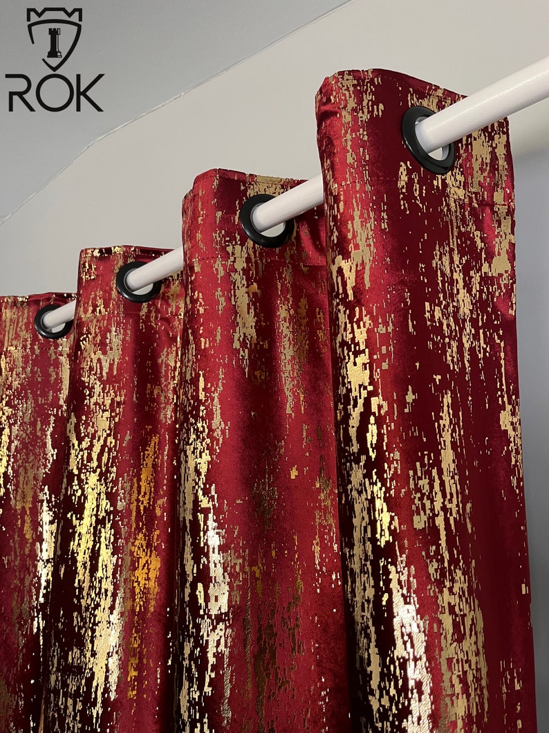 Red Velvet Curtains,Gold Print Velvet Curtains Custom Window Curtain Panels, Long Curtain Panels, Story Window Curtains, Dining Room Curtain image 2