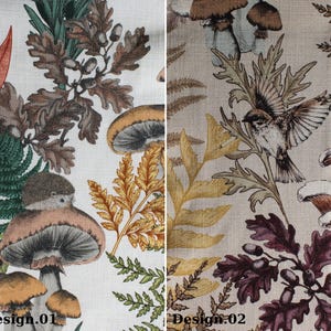 May include: Two fabric designs featuring woodland scenes. Design 01 has a hedgehog, mushrooms, and foliage in shades of brown, green, and orange. Design 02 showcases a bird in flight, mushrooms, and leaves in similar colors. The text "Design.01" and "Design.02" is visible.