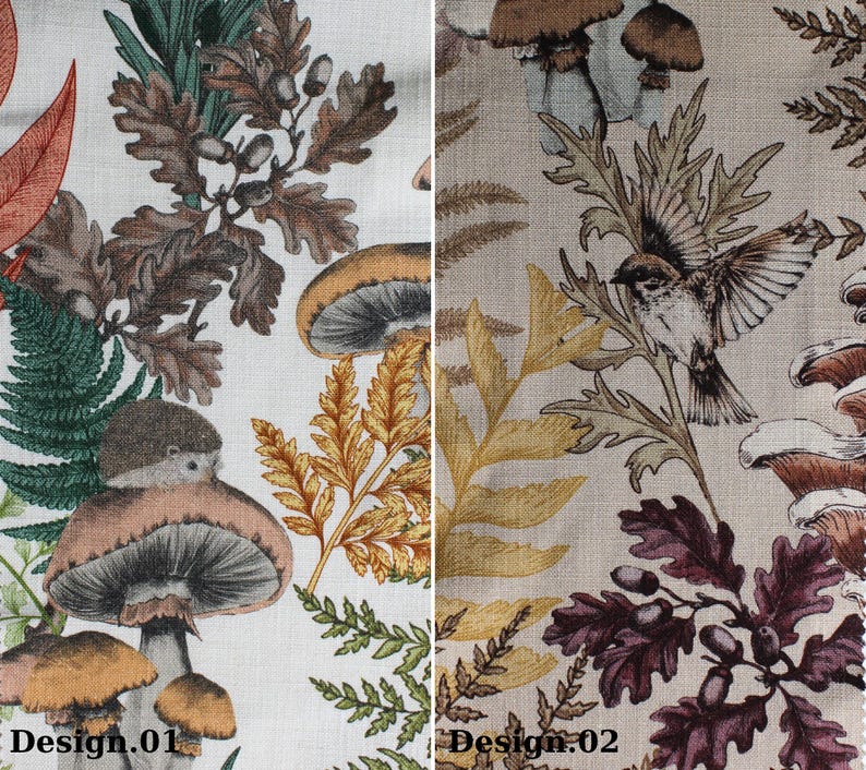 May include: Two fabric designs featuring woodland scenes. Design 01 has a hedgehog, mushrooms, and foliage in shades of brown, green, and orange. Design 02 showcases a bird in flight, mushrooms, and leaves in similar colors. The text "Design.01" and "Design.02" is visible.