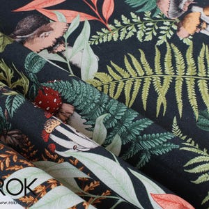 Dark Botanical Forest Curtain, Woodland Animal Print Fabric, Deep Green Background with Ferns & Mushrooms, Nature Drapes, Custom Curtains