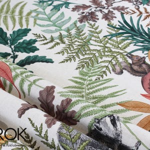 Woodland Fern Curtain, Linen Viscose Fabric, Forest Botanical Print with Birds & Squirrels, Earthy Green Custom Curtains